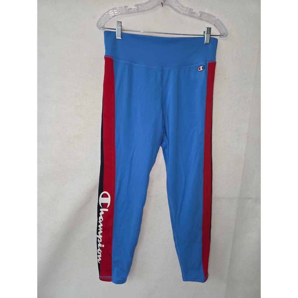 Champion Womens Blue Red Side Stripe Leggings Zipper Pocket Large Logo Spellout